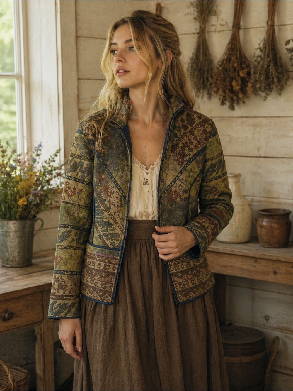 Women’s Vintage Coldwater Creek Blue & Brown Patterned Jacket 12P
